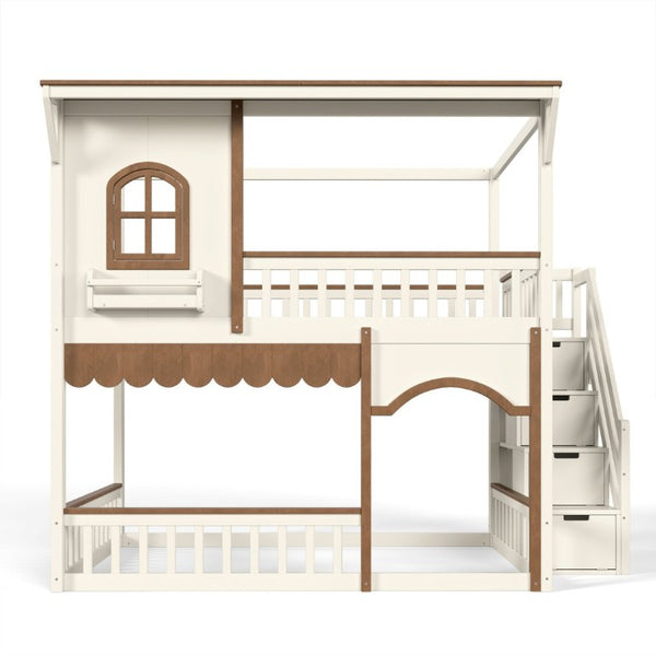 English Elm Full Over Playhouse Bunk Bed Pine Wood Frame with Storage Stairs and Built-In Bookshelf Beige & Natural W5305S00147