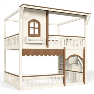English Elm Full Over Playhouse Bunk Bed Pine Wood Frame with Storage Stairs and Built-In Bookshelf Beige & Natural W5305S00147