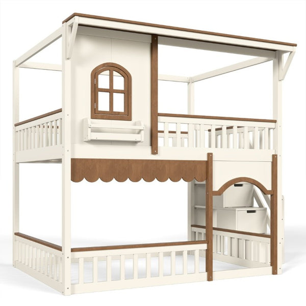 English Elm Full Over Playhouse Bunk Bed Pine Wood Frame with Storage Stairs and Built-In Bookshelf Beige & Natural W5305S00147