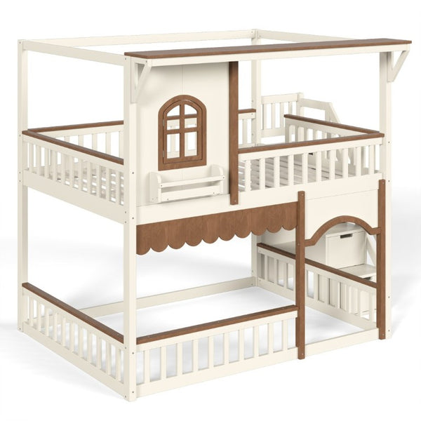 English Elm Full Over Playhouse Bunk Bed Pine Wood Frame with Storage Stairs and Built-In Bookshelf Beige & Natural W5305S00147