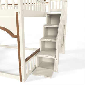 English Elm Full Over Playhouse Bunk Bed Pine Wood Frame with Storage Stairs and Built-In Bookshelf Beige & Natural W5305S00147