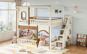 English Elm Full Over Playhouse Bunk Bed Pine Wood Frame with Storage Stairs and Built-In Bookshelf Beige & Natural W5305S00147