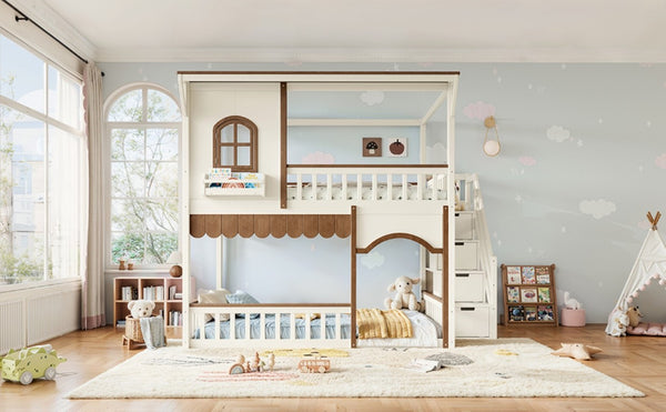 English Elm Full Over Playhouse Bunk Bed Pine Wood Frame with Storage Stairs and Built-In Bookshelf Beige & Natural W5305S00147