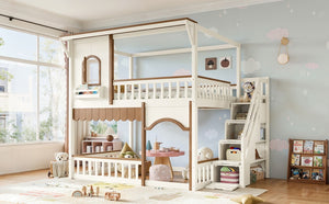 English Elm Full Over Playhouse Bunk Bed Pine Wood Frame with Storage Stairs and Built-In Bookshelf Beige & Natural W5305S00147