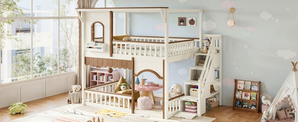 English Elm Full Over Playhouse Bunk Bed Pine Wood Frame with Storage Stairs and Built-In Bookshelf Beige & Natural W5305S00147