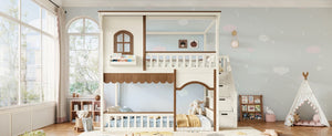 English Elm Full Over Playhouse Bunk Bed Pine Wood Frame with Storage Stairs and Built-In Bookshelf Beige & Natural W5305S00147