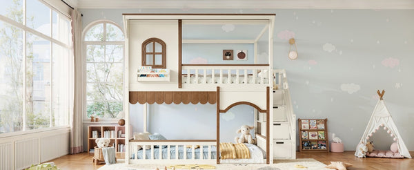 English Elm Full Over Playhouse Bunk Bed Pine Wood Frame with Storage Stairs and Built-In Bookshelf Beige & Natural W5305S00147