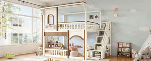 English Elm Full Over Playhouse Bunk Bed Pine Wood Frame with Storage Stairs and Built-In Bookshelf Beige & Natural W5305S00147