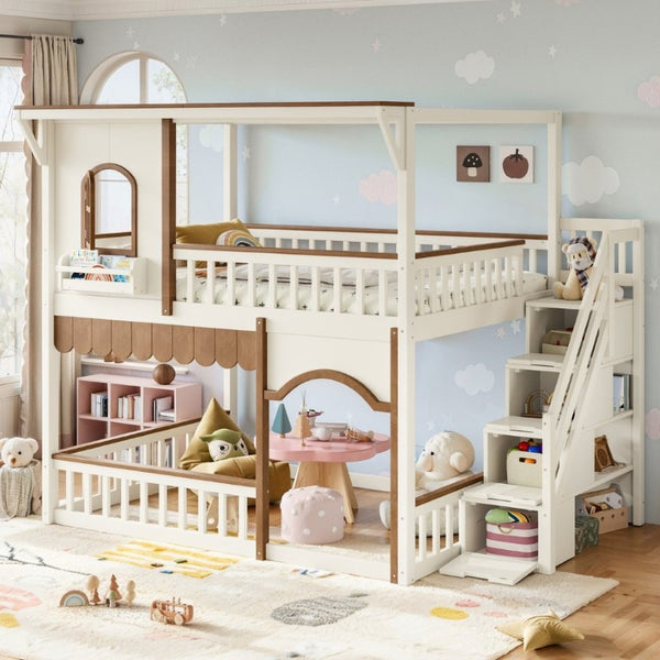 English Elm Full Over Playhouse Bunk Bed Pine Wood Frame with Storage Stairs and Built-In Bookshelf Beige & Natural W5305S00147
