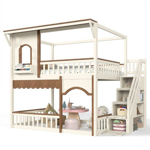 English Elm Full Over Playhouse Bunk Bed Pine Wood Frame with Storage Stairs and Built-In Bookshelf Beige & Natural W5305S00147