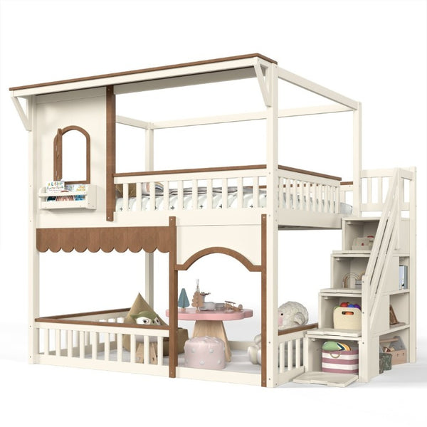 English Elm Full Over Playhouse Bunk Bed Pine Wood Frame with Storage Stairs and Built-In Bookshelf Beige & Natural W5305S00147