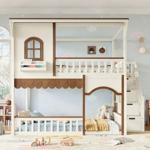 English Elm Full Over Playhouse Bunk Bed Pine Wood Frame with Storage Stairs and Built-In Bookshelf Beige & Natural W5305S00147