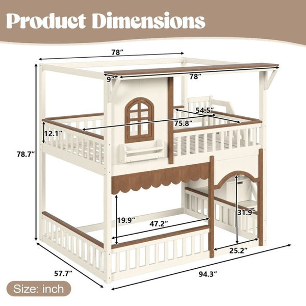 English Elm Full Over Playhouse Bunk Bed Pine Wood Frame with Storage Stairs and Built-In Bookshelf Beige & Natural W5305S00147