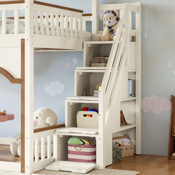 English Elm Full Over Playhouse Bunk Bed Pine Wood Frame with Storage Stairs and Built-In Bookshelf Beige & Natural W5305S00147