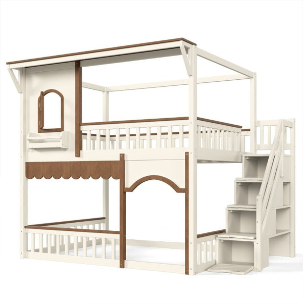 English Elm Full Over Playhouse Bunk Bed Pine Wood Frame with Storage Stairs and Built-In Bookshelf Beige & Natural W5305S00147