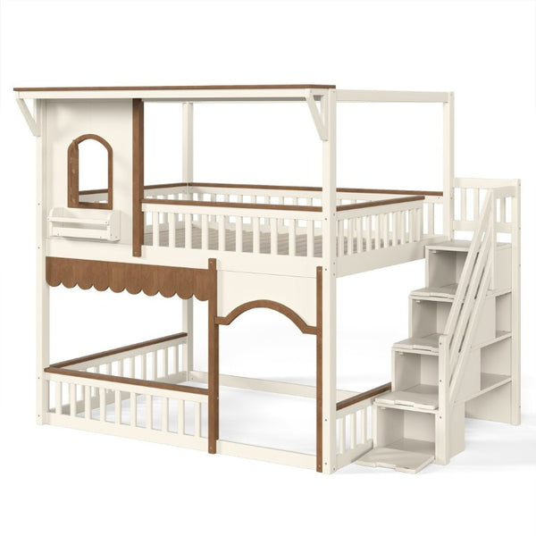 English Elm Full Over Playhouse Bunk Bed Pine Wood Frame with Storage Stairs and Built-In Bookshelf Beige & Natural W5305S00147