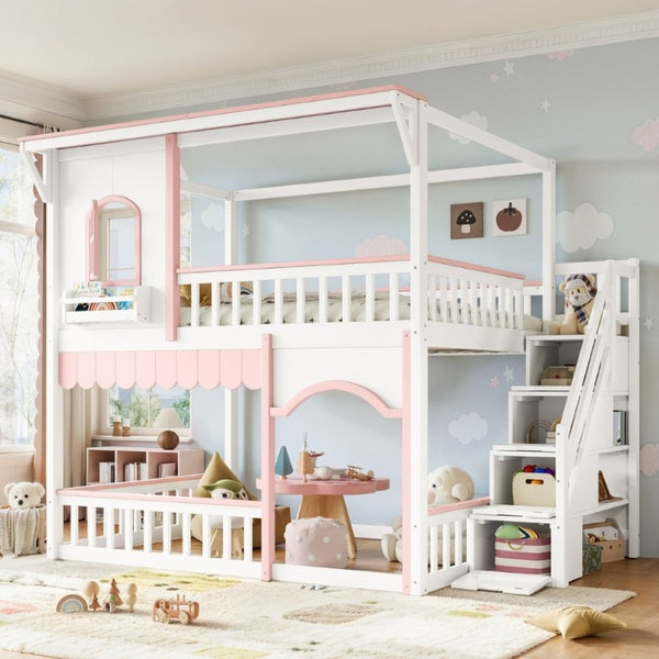 English Elm Full Over Playhouse Bunk Bed Pine Wood Frame with Storage Stairs and Built-In Bookshelf White & Pink W5305S00148
