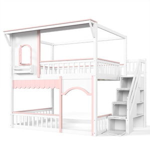 English Elm Full Over Playhouse Bunk Bed Pine Wood Frame with Storage Stairs and Built-In Bookshelf White & Pink W5305S00148