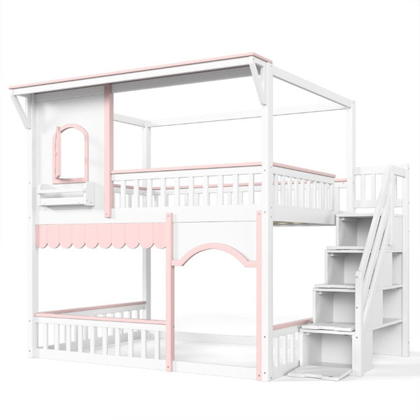 English Elm Full Over Playhouse Bunk Bed Pine Wood Frame with Storage Stairs and Built-In Bookshelf White & Pink W5305S00148