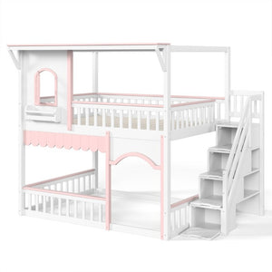English Elm Full Over Playhouse Bunk Bed Pine Wood Frame with Storage Stairs and Built-In Bookshelf White & Pink W5305S00148