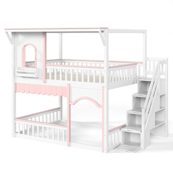 English Elm Full Over Playhouse Bunk Bed Pine Wood Frame with Storage Stairs and Built-In Bookshelf White & Pink W5305S00148