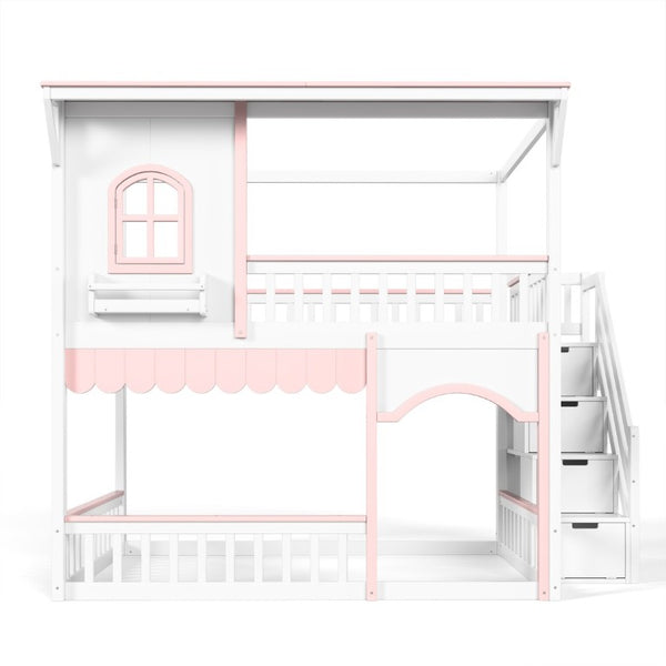 English Elm Full Over Playhouse Bunk Bed Pine Wood Frame with Storage Stairs and Built-In Bookshelf White & Pink W5305S00148