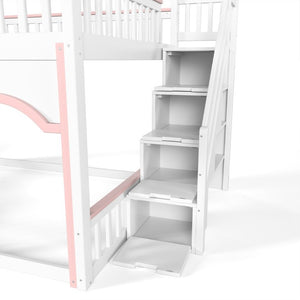 English Elm Full Over Playhouse Bunk Bed Pine Wood Frame with Storage Stairs and Built-In Bookshelf White & Pink W5305S00148