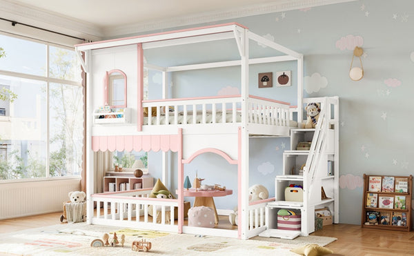 English Elm Full Over Playhouse Bunk Bed Pine Wood Frame with Storage Stairs and Built-In Bookshelf White & Pink W5305S00148