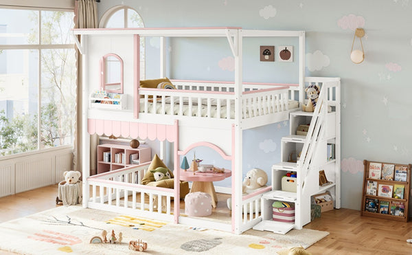 English Elm Full Over Playhouse Bunk Bed Pine Wood Frame with Storage Stairs and Built-In Bookshelf White & Pink W5305S00148