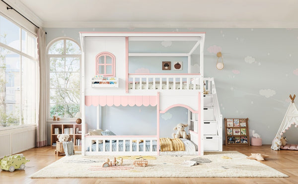 English Elm Full Over Playhouse Bunk Bed Pine Wood Frame with Storage Stairs and Built-In Bookshelf White & Pink W5305S00148