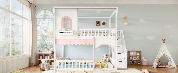 English Elm Full Over Playhouse Bunk Bed Pine Wood Frame with Storage Stairs and Built-In Bookshelf White & Pink W5305S00148