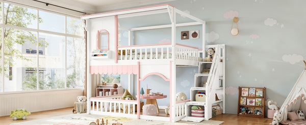 English Elm Full Over Playhouse Bunk Bed Pine Wood Frame with Storage Stairs and Built-In Bookshelf White & Pink W5305S00148