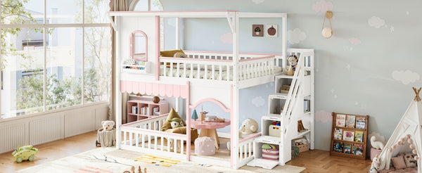 English Elm Full Over Playhouse Bunk Bed Pine Wood Frame with Storage Stairs and Built-In Bookshelf White & Pink W5305S00148