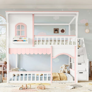 English Elm Full Over Playhouse Bunk Bed Pine Wood Frame with Storage Stairs and Built-In Bookshelf White & Pink W5305S00148