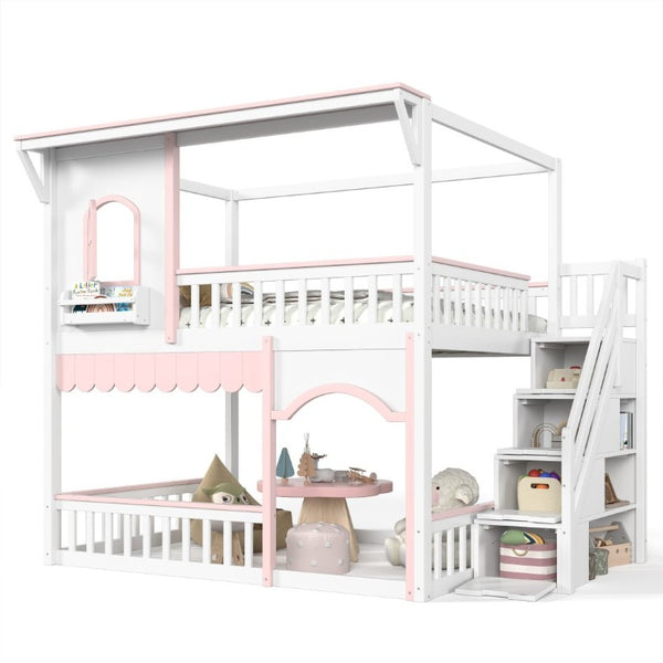 English Elm Full Over Playhouse Bunk Bed Pine Wood Frame with Storage Stairs and Built-In Bookshelf White & Pink W5305S00148