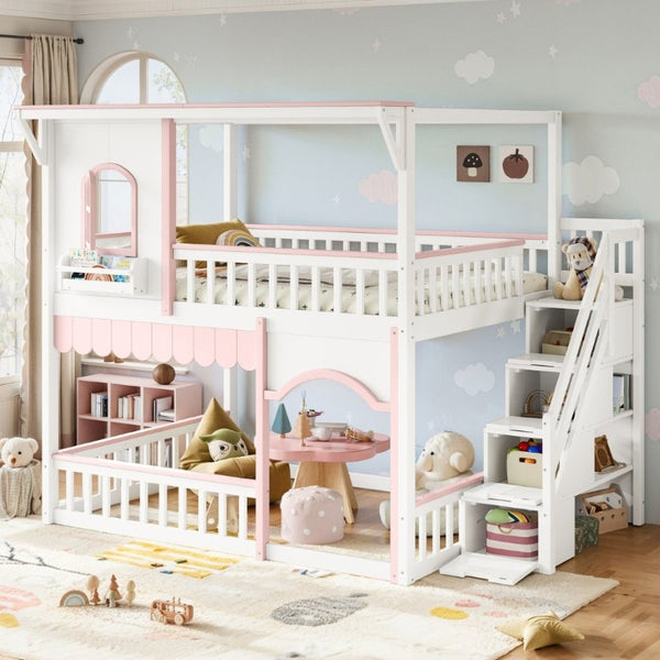 English Elm Full Over Playhouse Bunk Bed Pine Wood Frame with Storage Stairs and Built-In Bookshelf White & Pink W5305S00148