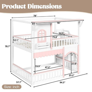 English Elm Full Over Playhouse Bunk Bed Pine Wood Frame with Storage Stairs and Built-In Bookshelf White & Pink W5305S00148