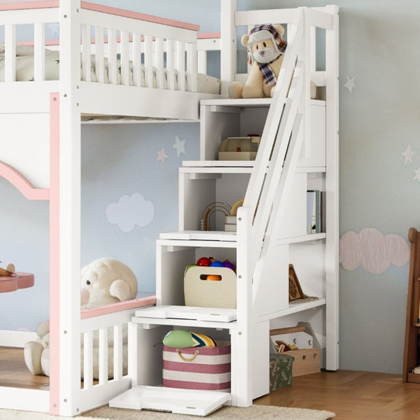 English Elm Full Over Playhouse Bunk Bed Pine Wood Frame with Storage Stairs and Built-In Bookshelf White & Pink W5305S00148