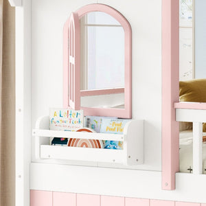 English Elm Full Over Playhouse Bunk Bed Pine Wood Frame with Storage Stairs and Built-In Bookshelf White & Pink W5305S00148