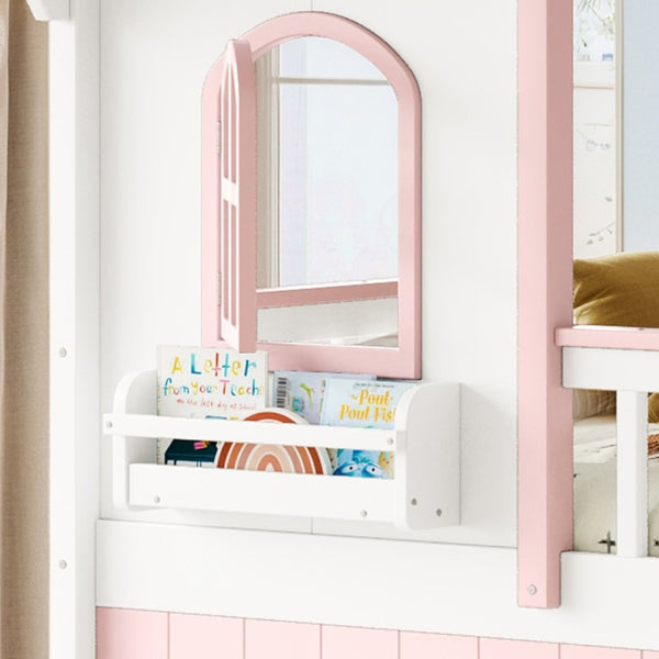 English Elm Full Over Playhouse Bunk Bed Pine Wood Frame with Storage Stairs and Built-In Bookshelf White & Pink W5305S00148