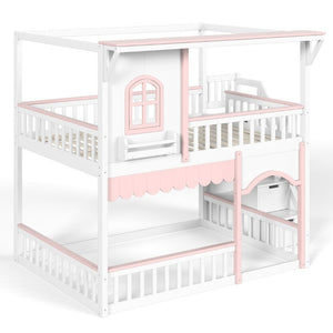English Elm Full Over Playhouse Bunk Bed Pine Wood Frame with Storage Stairs and Built-In Bookshelf White & Pink W5305S00148