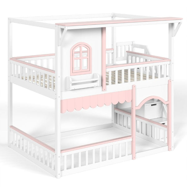 English Elm Full Over Playhouse Bunk Bed Pine Wood Frame with Storage Stairs and Built-In Bookshelf White & Pink W5305S00148
