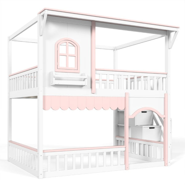 English Elm Full Over Playhouse Bunk Bed Pine Wood Frame with Storage Stairs and Built-In Bookshelf White & Pink W5305S00148