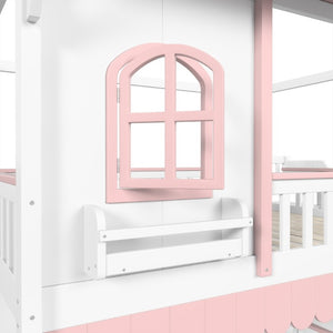 English Elm Full Over Playhouse Bunk Bed Pine Wood Frame with Storage Stairs and Built-In Bookshelf White & Pink W5305S00148