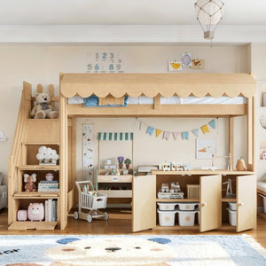 English Elm Twin Solid Pine Playhouse Loft Bed with Shop Counter Storage Stairs and Play Zone W5305S00149