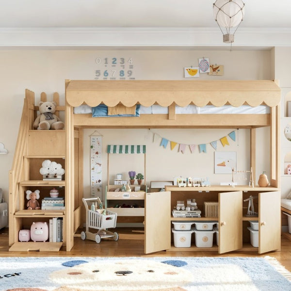 English Elm Twin Solid Pine Playhouse Loft Bed with Shop Counter Storage Stairs and Play Zone W5305S00149