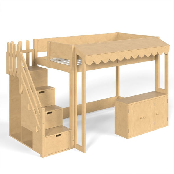 English Elm Twin Solid Pine Playhouse Loft Bed with Shop Counter Storage Stairs and Play Zone W5305S00149