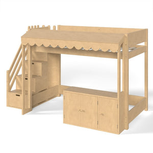 English Elm Twin Solid Pine Playhouse Loft Bed with Shop Counter Storage Stairs and Play Zone W5305S00149