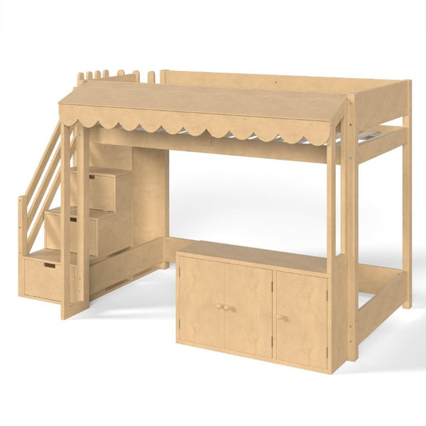English Elm Twin Solid Pine Playhouse Loft Bed with Shop Counter Storage Stairs and Play Zone W5305S00149