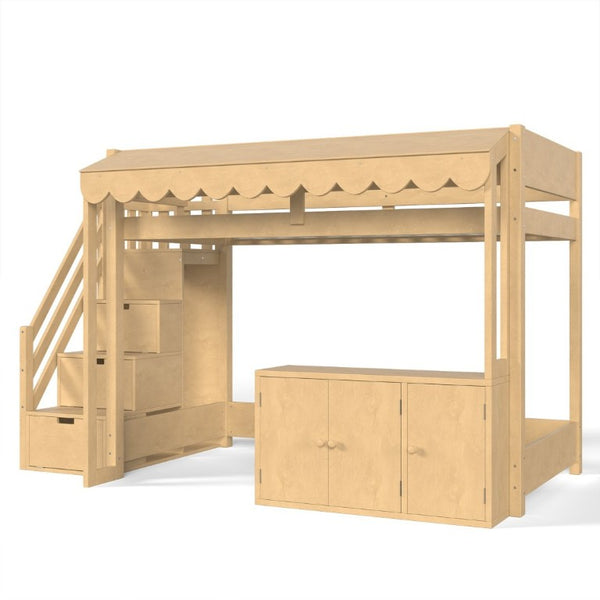 English Elm Twin Solid Pine Playhouse Loft Bed with Shop Counter Storage Stairs and Play Zone W5305S00149